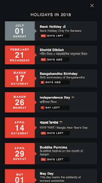 Bangla Holiday Calendar 20193